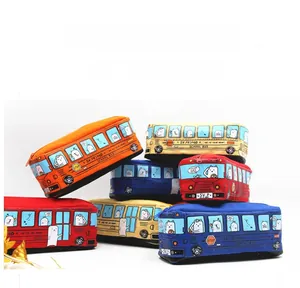 Detailed stack of colorful school bus canvas pencil cases in red yellow blue and orange