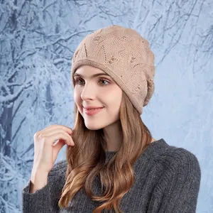 Women Knit Beanie Hat Slouchy Winter Warm Wave Pattern Acrylic With Faux Artificial Pearls Elegant Pullover