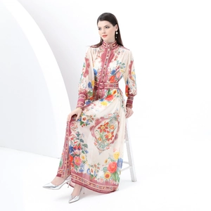 Floral print long dress with puff sleeves and stand collar including belt detail