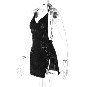 Close-up of black sequined halter neck dress featuring a high side slit detail
