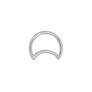 Detail view of a silver D-shaped titanium piercing ring with a secure hinged closure design