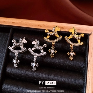 Vintage Rocking Horse Cross Dangle Earrings With Zircon In Copper And Silver Earring Post Women Luxury Fashion Jewelry