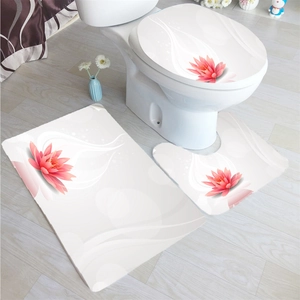 Three-piece bathroom set featuring pink lotus prints on non-slip polyester mats