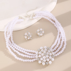 French vintage multi-layer pearl necklace and earring set with crystal flower pendant