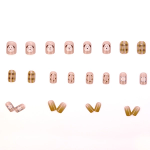 Cute puppy cartoon press-on nails with green plaid design and glossy finish