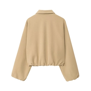 Back view of a cropped khaki jacket with elasticated hem and premium smooth fabric