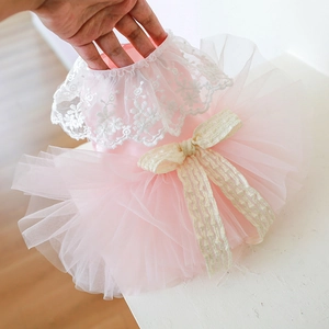 Detailed macro view of pink pet princess dress with delicate white lace and yellow bow