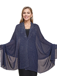 Detail of dark blue chiffon shawl featuring sparkling starry rhinestones for evening wear