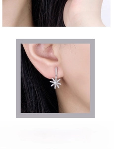 Macro detail of S999 sterling silver snowflake earrings with sparkling zircon fringe