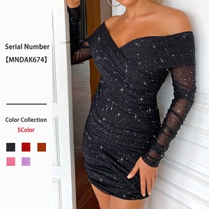 Robe Mini Froncée Épaules Dénudées Paillettes Manches Longues Moulante Sexy Soirée Club Col En V