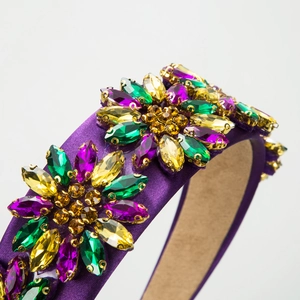 Detailed close-up of Baroque style wide headband with multicolored sparkling rhinestones