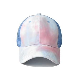 Tie-dye breathable cotton sun visor baseball cap with blue mesh back and ponytail opening
