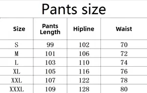 Detailed size chart for high waist sweatpants including length, hipline, and waist dimensions
