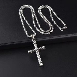 Silver stainless steel cross pendant necklace with textured design for men hip hop style