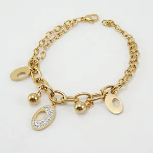 Fashion Stainless Steel Double Layer Bracelet With Oval Rhinestone Charms 18K Gold Plated Jewelry For Women