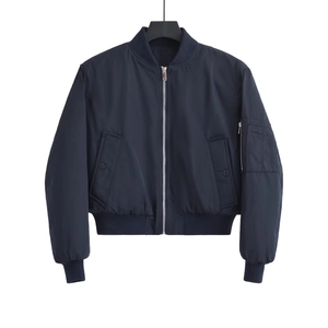 Classic dark blue bomber jacket with metallic zipper and ribbed cuffs on white background