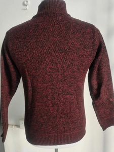 Detail view of the back of a slim-fit burgundy and black mixed-knit men's cardigan sweater