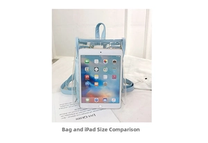 Size comparison of light blue transparent PVC backpack with a tablet for scale