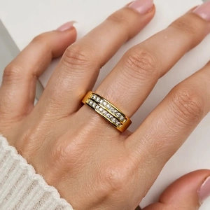 Elegant 18K gold plated double row zircon ring with adjustable open band for women