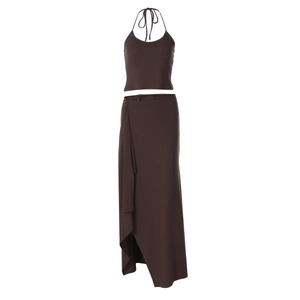 Detail of coffee brown halter neck top and high-waist side slit maxi skirt set