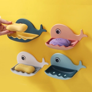 Cartoon Whale Shape Soap Box Double Layer Draining Soap Holder Wall Mounted Punch Free Plastic Soap Dish For Bathroom Kitchen Home Storage