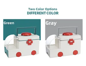 Dual-color ambulance shaped medicine box in green and grey with portable handles