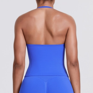 Detail of royal blue seamless sports top featuring backless halter design for yoga