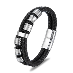 Heren meerlaagse zwarte lederen armband met roestvrijstalen magneetsluiting en kralen