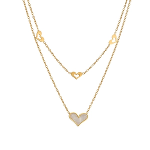 Collier double rang en acier inoxydable doré avec pendentifs cœur et incrustation nacre