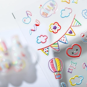 3D embossed nail stickers featuring colorful rainbow, clouds, and cartoon heart patterns
