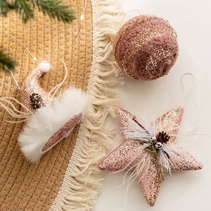 Pink glitter star, plush ball and Santa hat ornaments with pine cones for Christmas decor