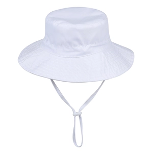 Detail of white sun hat with adjustable windproof drawstring and woven fabric texture
