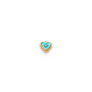 Blue enamel heart pendant with gold beaded edges and a central sparkling crystal