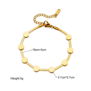 Gold-plated stainless steel snake chain bracelet with round discs on a white background