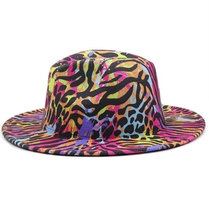 Detail of colorful leopard pattern on the brim of a warm wool felt jazz fedora hat