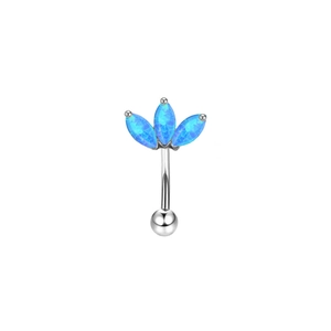 Curved stainless steel eyebrow piercing with three blue leaf-shaped opal stones