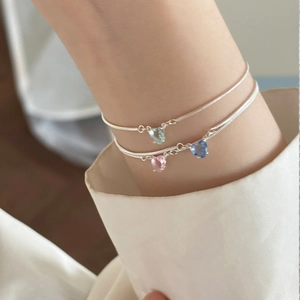 Braccialetti in argento sterling S925 con zirconi a cuore verde, rosa e blu eleganti