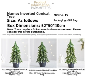Detailed specs for PE artificial mini Christmas trees in 22cm, 28cm and 34cm heights