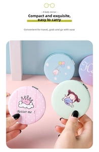 Close-up of portable round makeup mirrors with cute cartoon illustrations and macarons colors