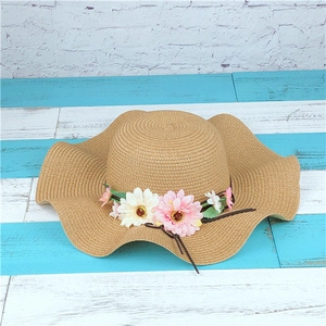 Detailed top view of a wide-brim straw hat featuring delicate pink and white daisies