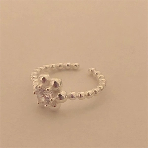 925 silver flower ring with zircon stone and beaded adjustable open band for women