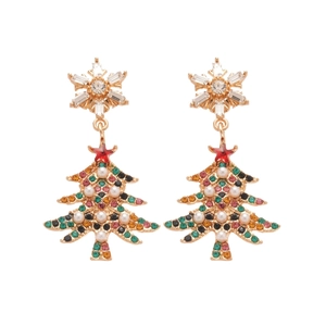Elegant Christmas tree and snowflake earrings with pearls and colorful rhinestones