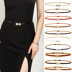 Women Skinny Belt PU Leather Alloy Artificial Pearl Buckle Adjustable No Punch Thin Waistband For Dresses Elegant Versatile