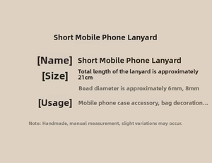 Size chart for short phone wrist strap showing 21cm total length and 6mm 8mm bead diameters