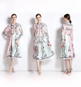 Three views of a green and pink floral printed shirt and pleated midi skirt set for women