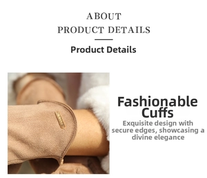 Close-up of winter suede glove with soft faux fur trim and metal fashion buckle detail