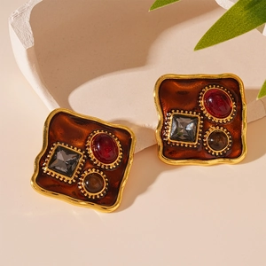 Vintage Geometric Square Earrings With Resin Rhinestones And Silver Earring Post French Retro Style For Women