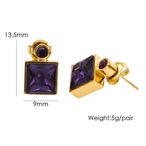 Macro view of purple square crystal earrings with dimensions 13.5mm by 9mm size