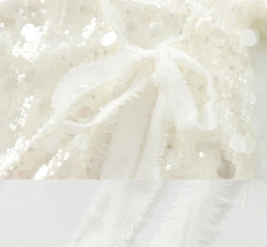 Detailed macro view of ivory sequin lace fabric and satin ribbon bow on white blouse