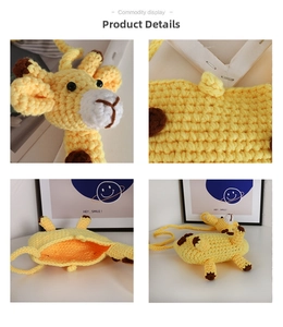 Detail shot of a handmade crocheted yellow giraffe bag for girls with clear knit textures